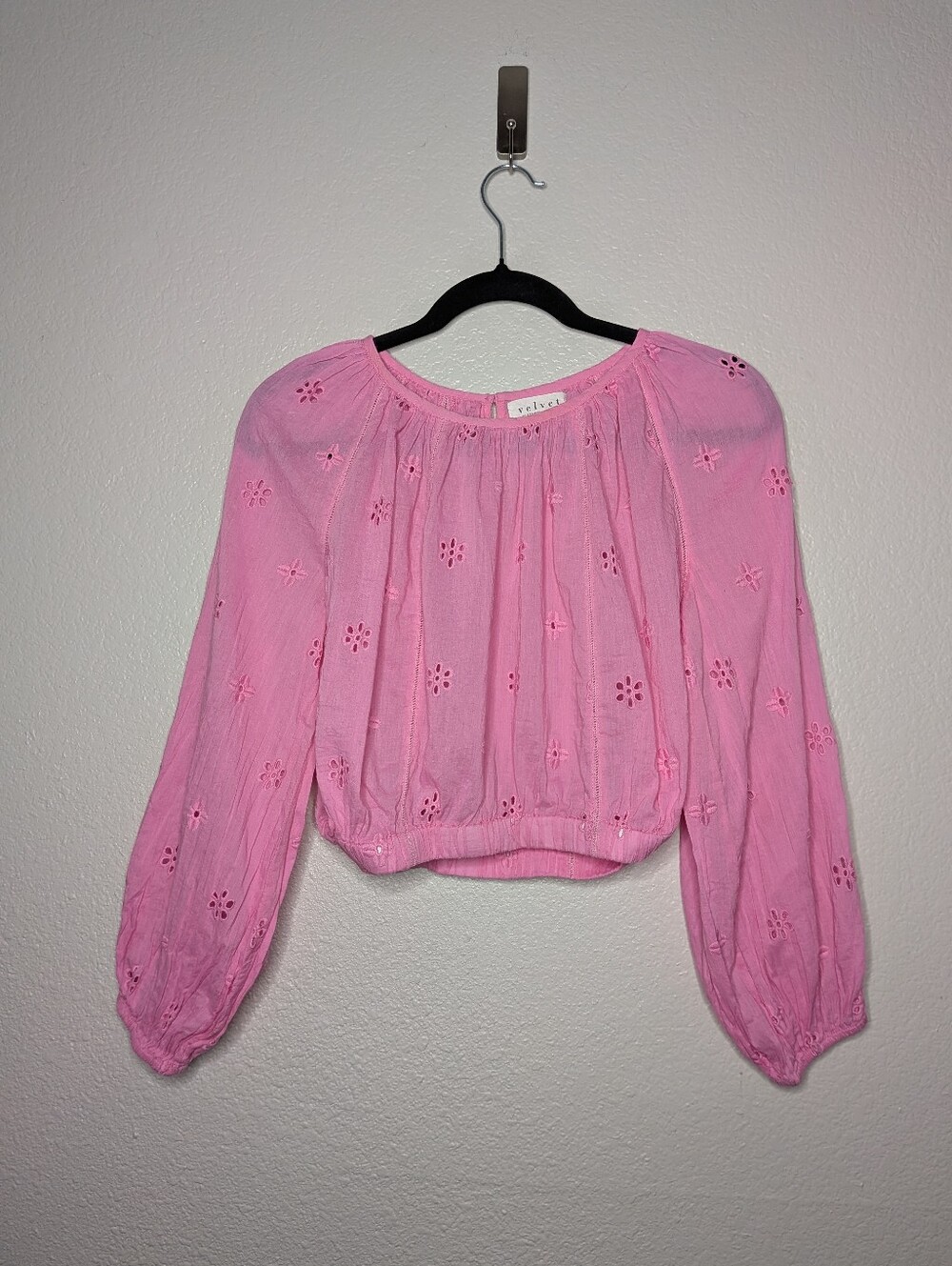 Velvet by Graham & Spencer Pink Coquette Cottagecore Eyelet Crop Peasant Top XS